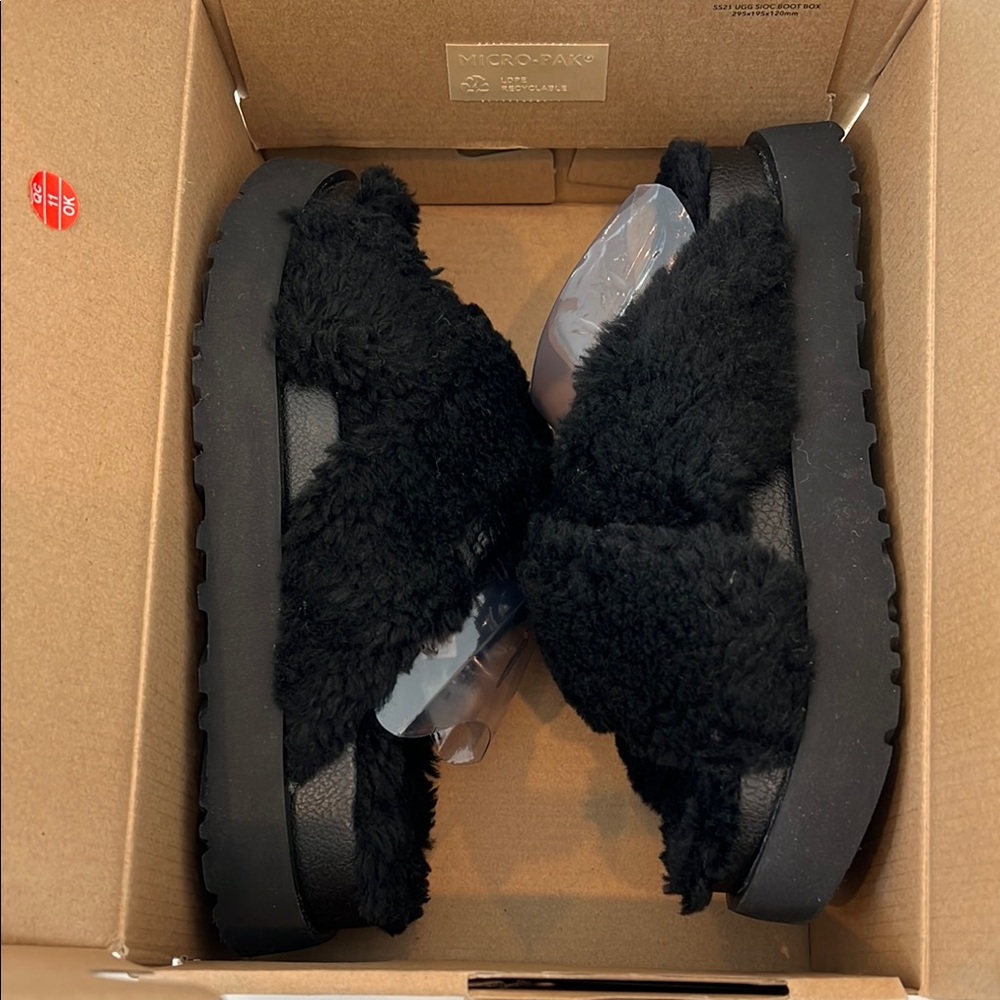 UGG Black Fuzz Sugar Cross Slide SZ 7.